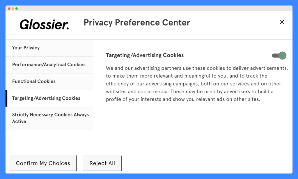 Glossier's privacy preference center showing the targeting/advertising cookies section on a white background.