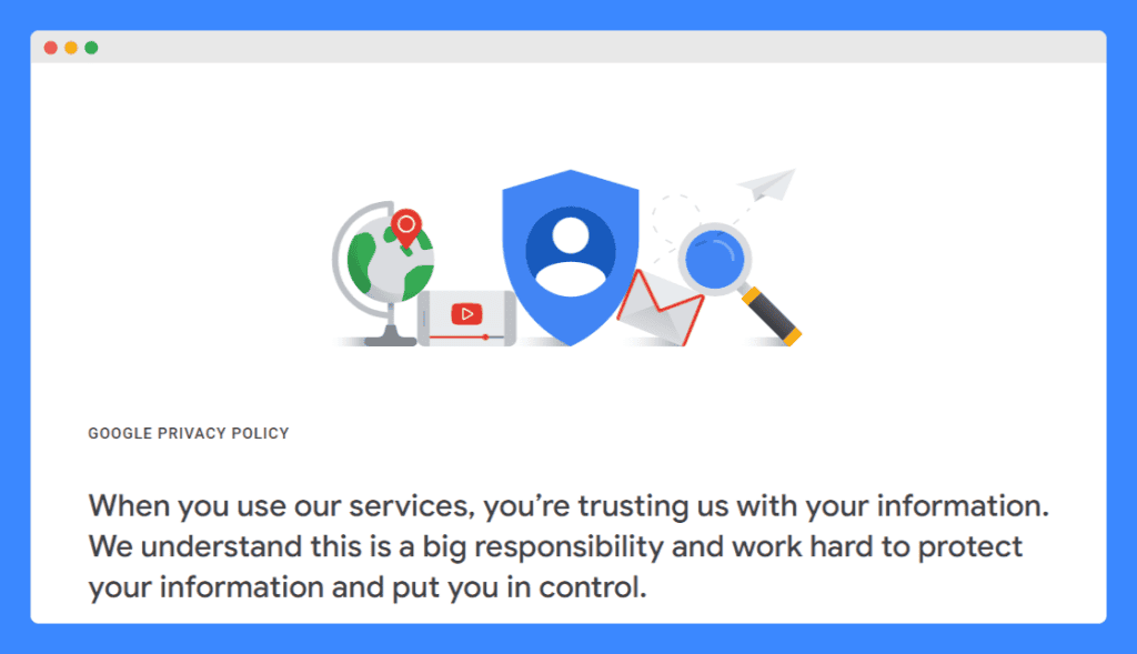 Google's privacy policy with icons of various applications on top.