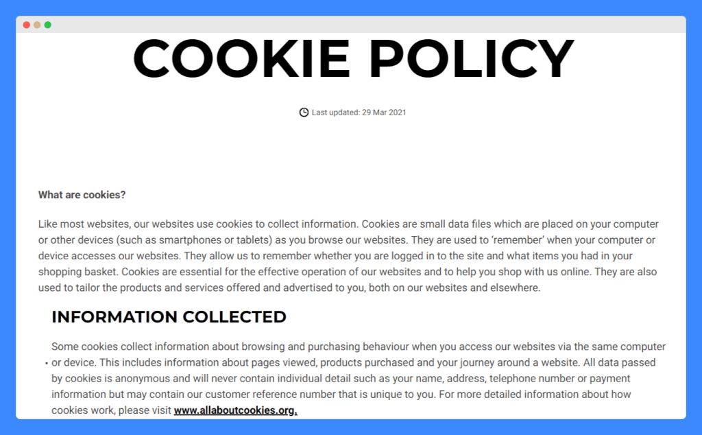 Gymshark's cookie policy on a white background.