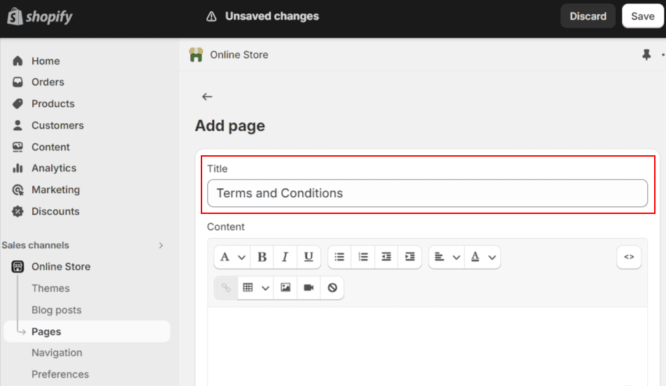 "Add Page" section with a title box named "Terms and Conditions."