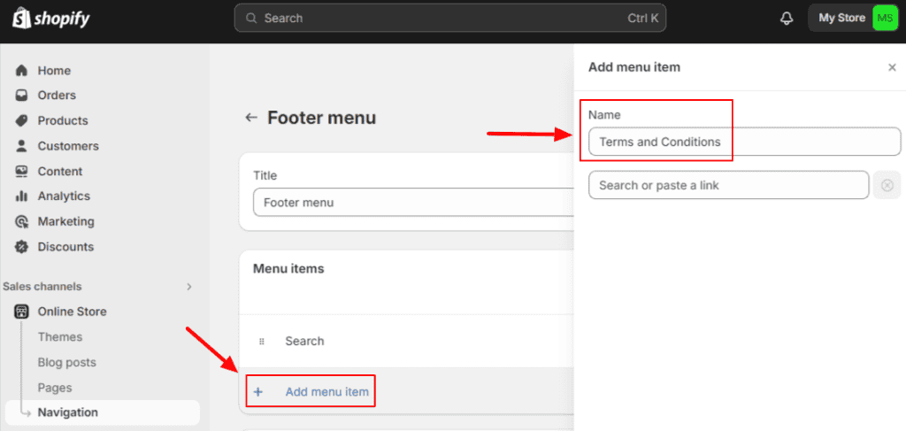 "Footer menu" page with "Add menu item" and a textbox named "Terms and Conditions."