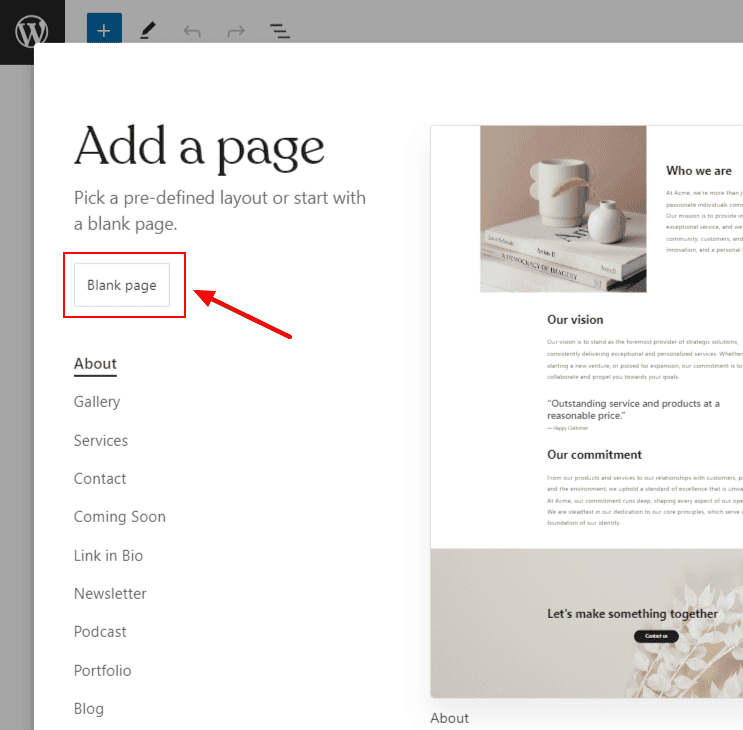 "Add a page" pop-up menu with a "Blank page" button.