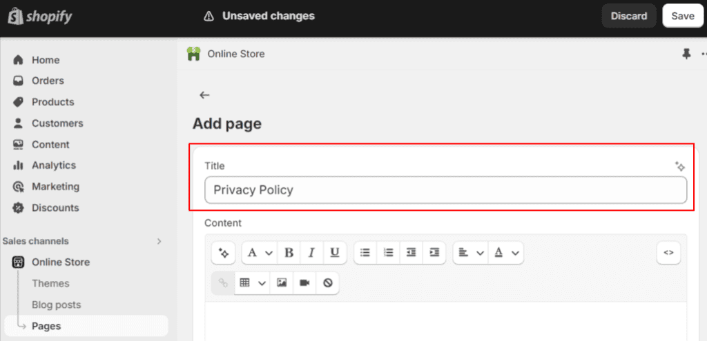 "Add Page" section with a title box named "Privacy Policy."