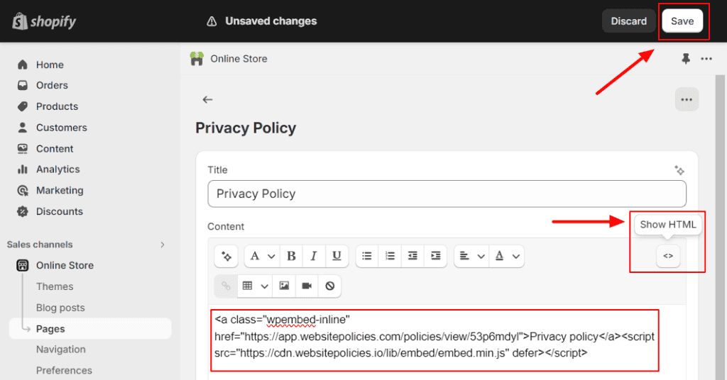 "Privacy Policy" section with a textbox containing privacy policy codes.