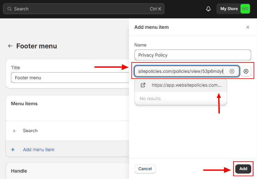 "Footer menu" page with a URL box containing privacy policy codes.