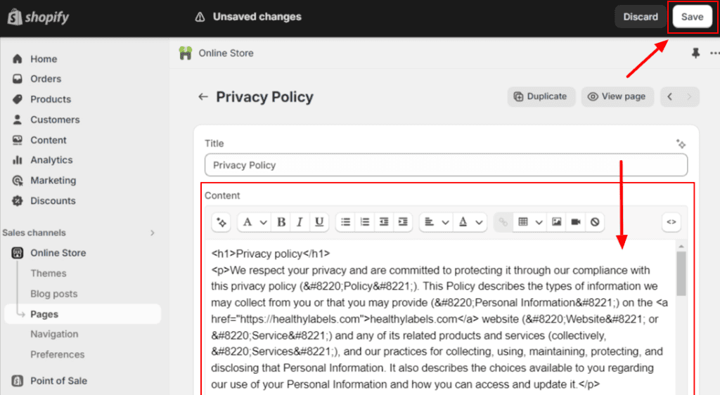 Shopify Editor with a textbox containing the privacy policy.