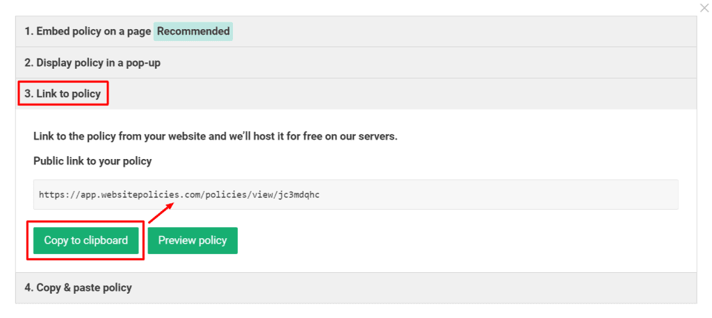 "Link to policy" option with cookie policy codes.