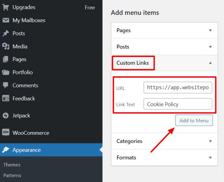 "Custom links" tab with a "Link Text" textbox named "Cookie Policy."