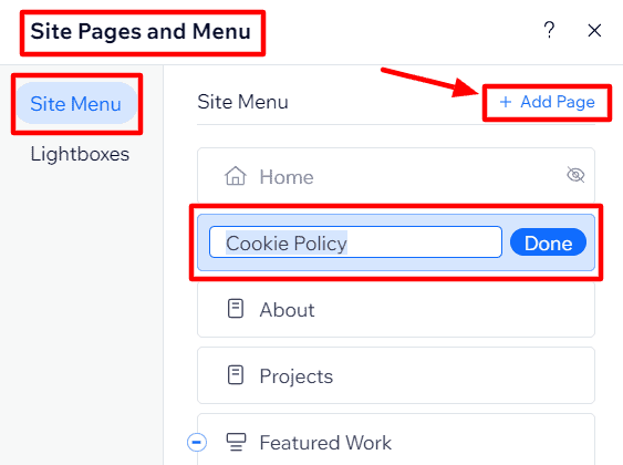 "Site Pages and Menu" section with a menu named "Cookie Policy" on a white background.