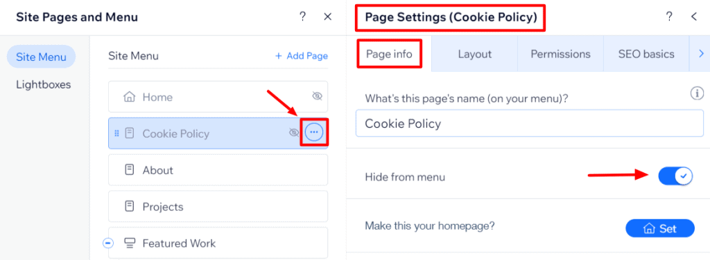 "Page Settings" option with a "Hide from menu" toggle button.