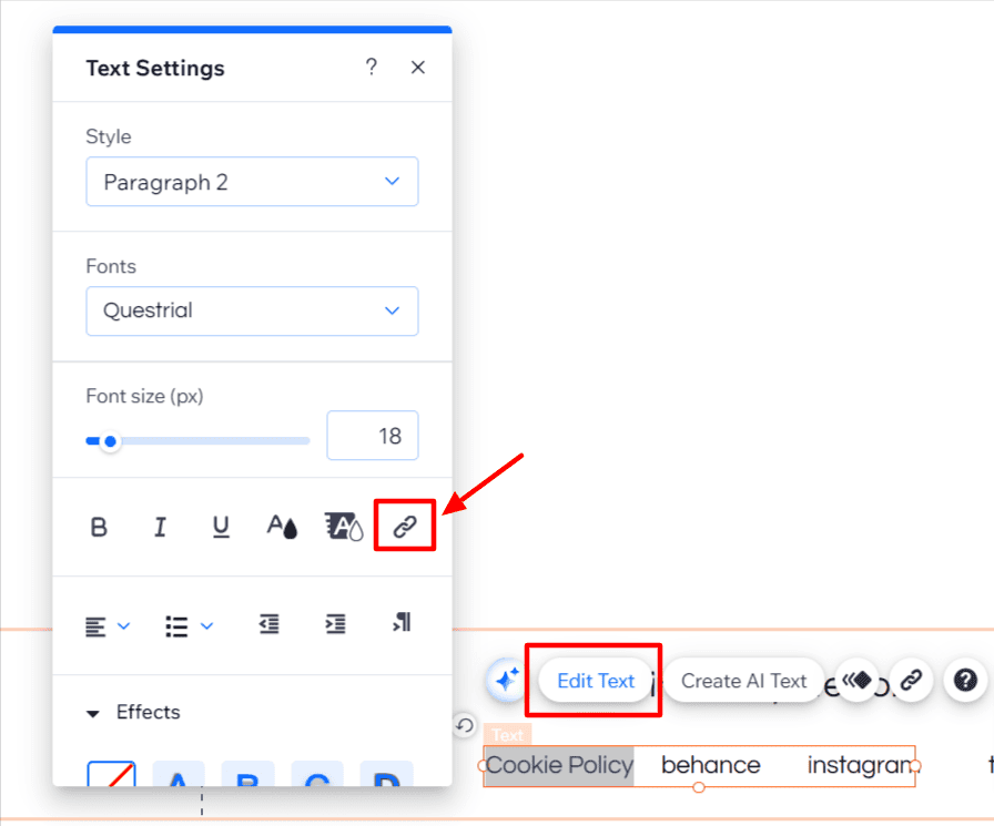 "Text Settings" pop-up menu with a highlighted "link" icon.