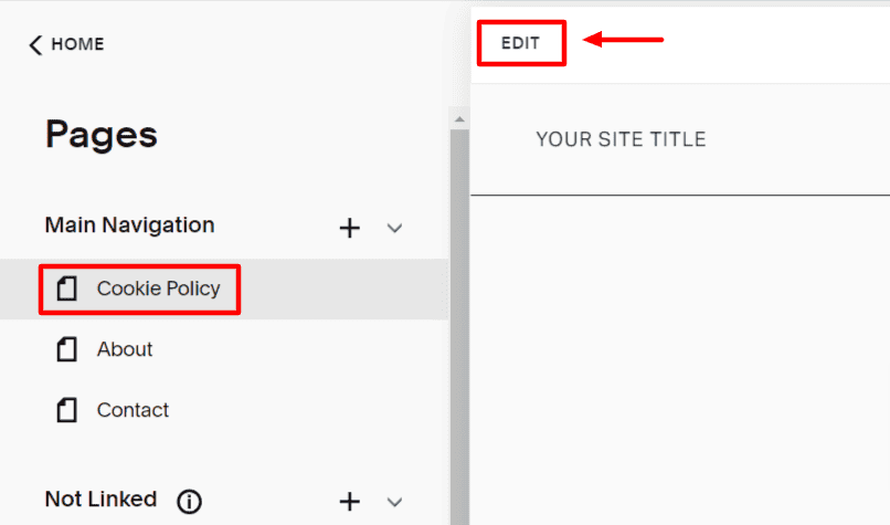 "Pages" section with a highlighted "Edit" button and a textbox named "Cookie Policy."