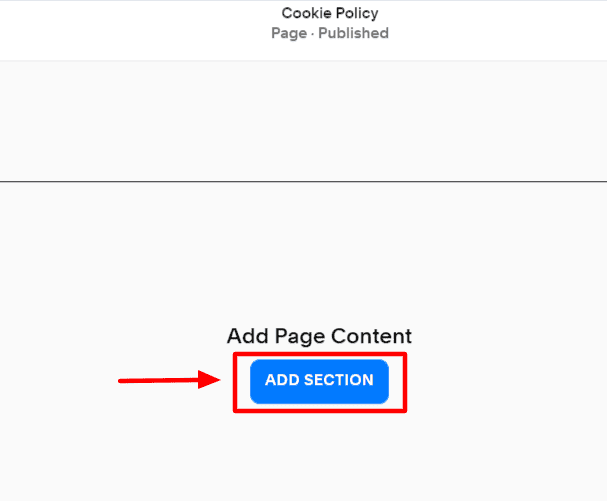 "Cookie Policy" page with an "Add Section" button in blue.