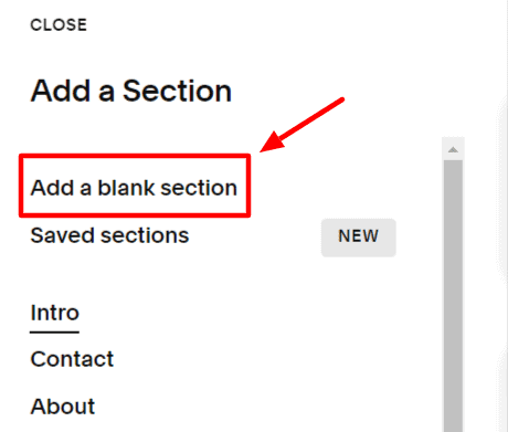 "Add a Section" pop-up menu with a highlighted "Add a blank section" option.