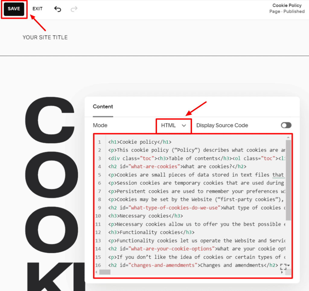 Squarespace Editor with a textbox containing the cookie policy.