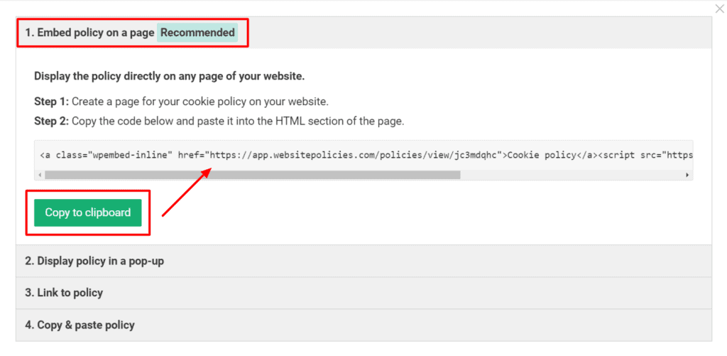 "Embed policy on a page" option with codes and a "Copy to clipboard" button in green.