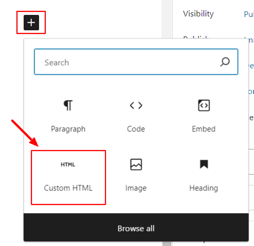 "Add block" feature with "Custom HTML" block selected.