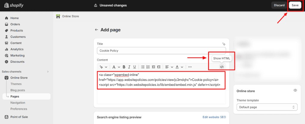 "Cookie Policy" section with a textbox containing cookie policy codes.