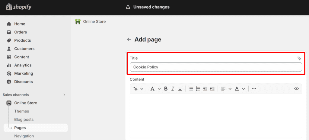 "Add Page" section with a title box named "Cookie Policy."