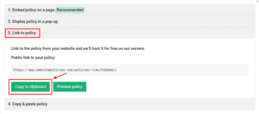 "Link to policy" option with privacy policy codes.