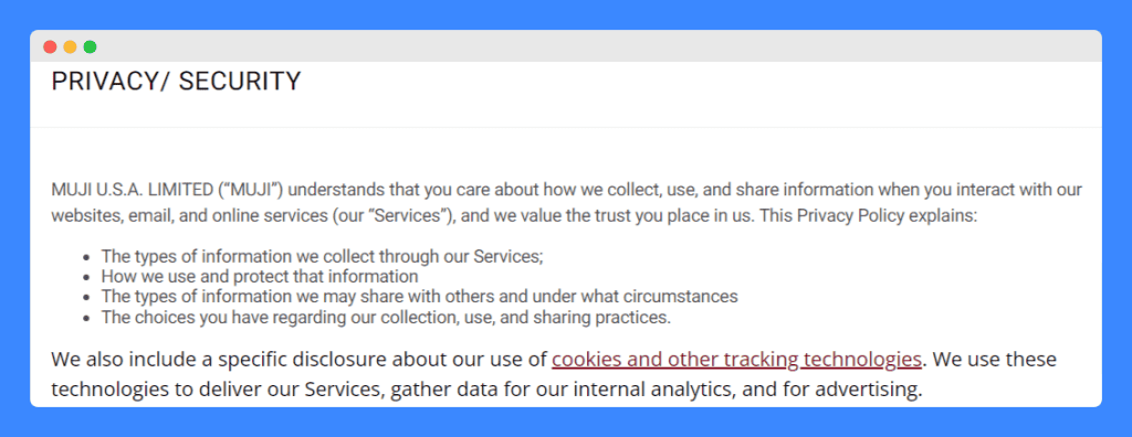 MUJI's cookie section within its privacy policy on a white background.