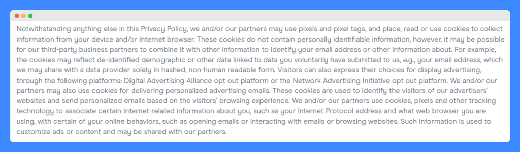 NuFACE's cookie section in the website's privacy policy on a white background.