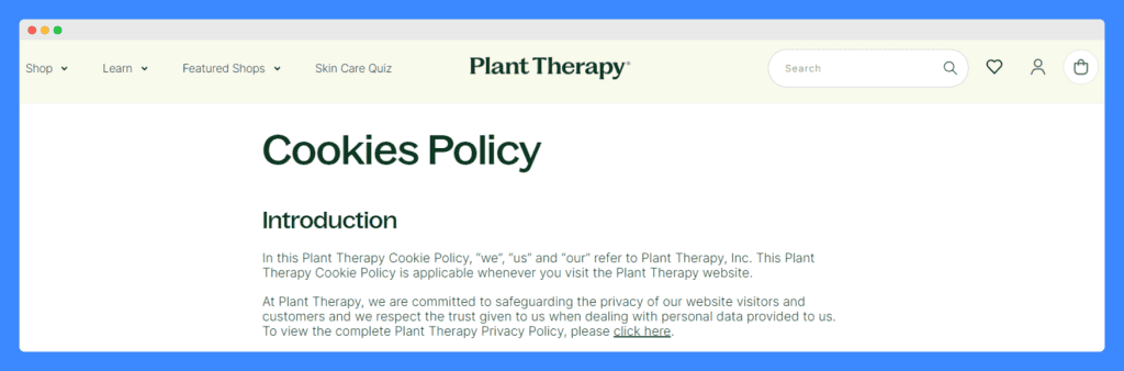 Plant Therapy's cookie policy introduction on a white background.