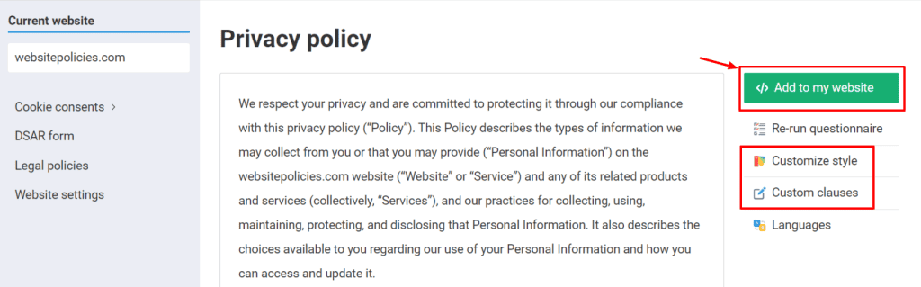 Completed privacy policy with different options such as "add to my website," "re-run questionnaire", "customize style," "custom clauses," and "languages" buttons in white background.