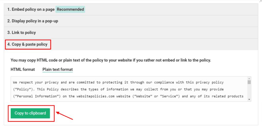 "Copy & paste policy" option with privacy policy codes.