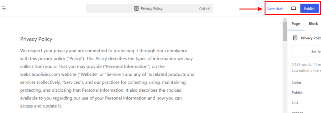 WordPress Editor with a textbox containing the privacy policy.