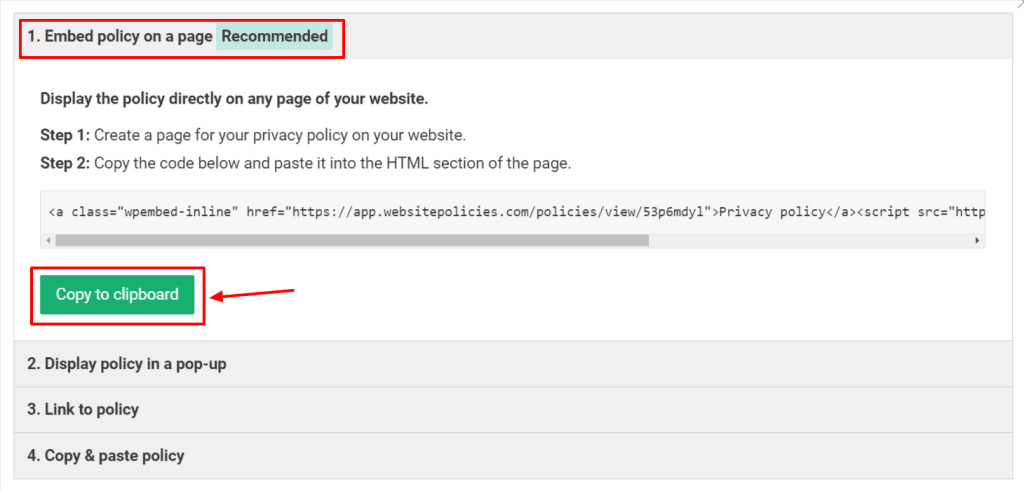 "Embed policy on a page" option with codes and a "Copy to clipboard" button in green.