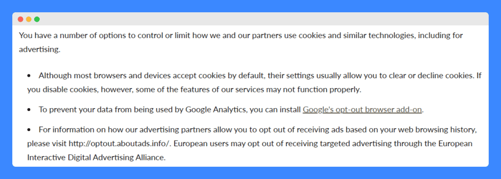 Prom Girl's information about managing cookie preferences on their website.