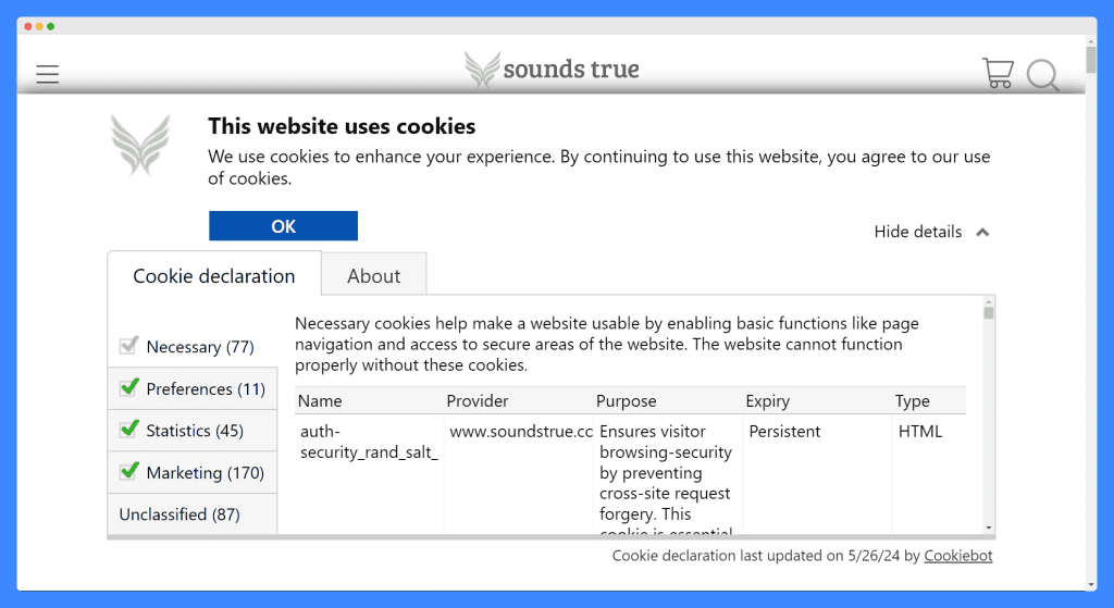 Sounds True website cookie banner displaying categories of cookies used and a summary of their purposes in a drop-down option.