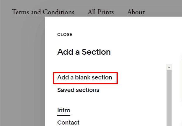 "Add a Section" pop-up menu with a highlighted "Add a blank section" option.