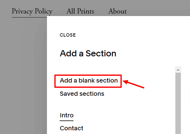 "Add a Section" pop-up menu with a highlighted "Add a blank section" option.