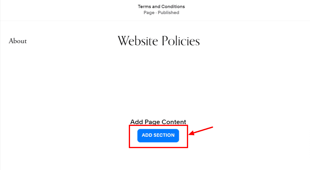 "Terms and Conditions" page with an "Add Section" button in blue.