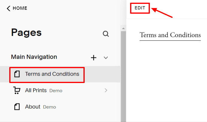 "Pages" section with a highlighted "Edit" button and a textbox named "Terms and Conditions."