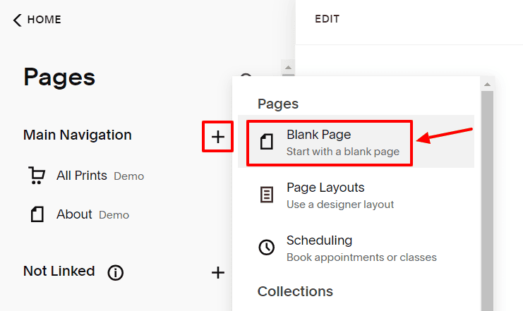 "Pages" menu pop-up with a "Blank page" option.