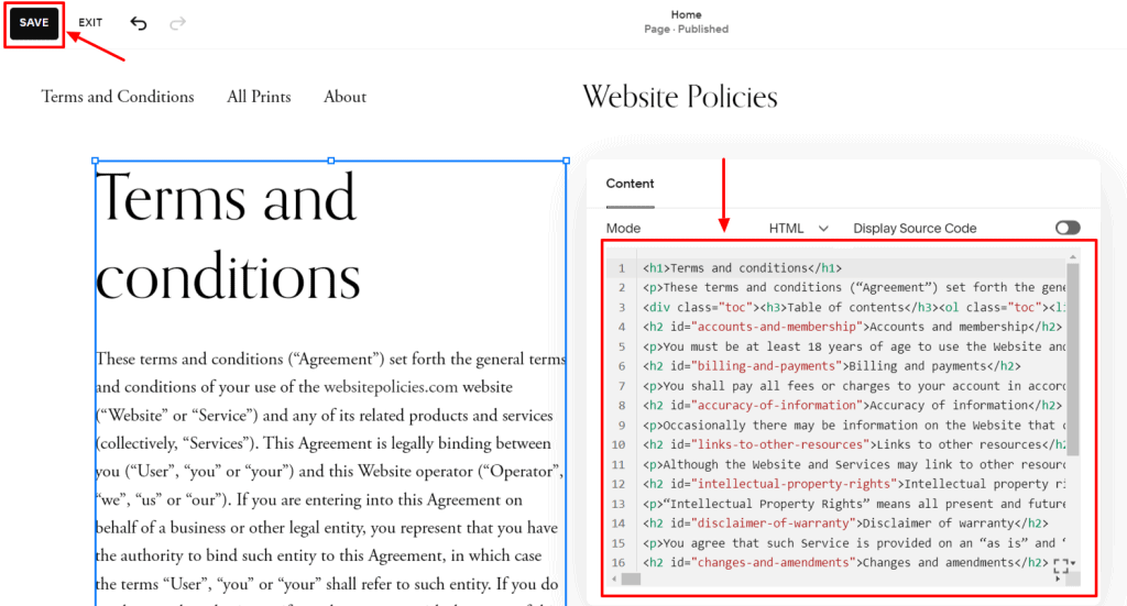 Squarespace Editor with a textbox containing the terms and conditions policy.