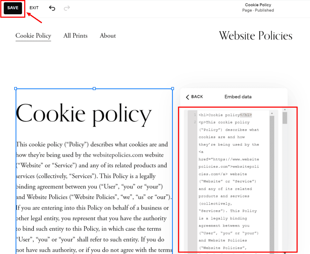 Squarespace Editor with a textbox filled with cookie policy codes.