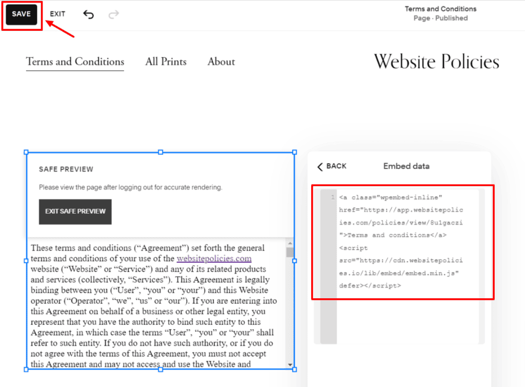 Squarespace Editor with a textbox filled with terms and conditions codes.