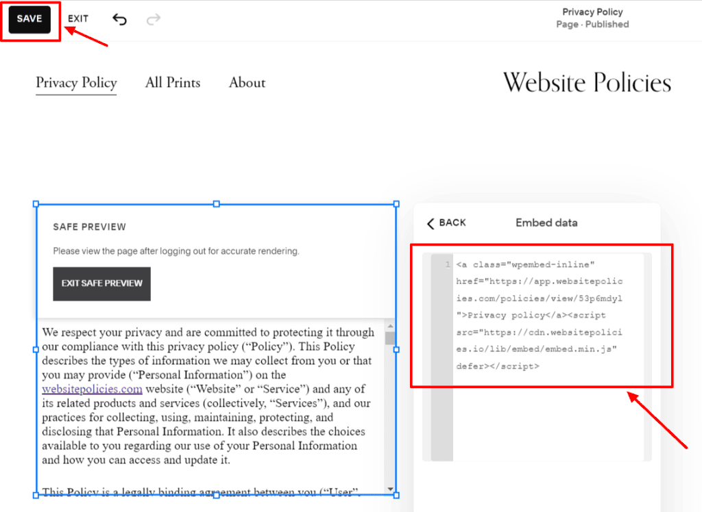 Squarespace Editor with a textbox filled with privacy policy codes.