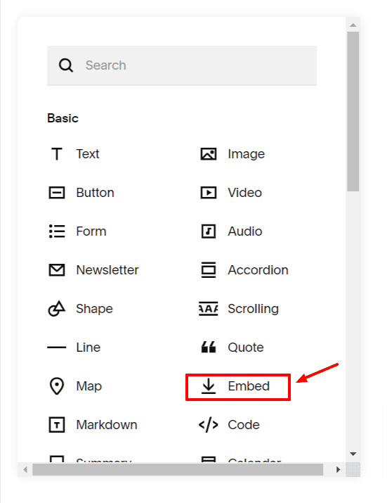 "Add Block" menu showing all available blocks with a highlighted "Embed" option.