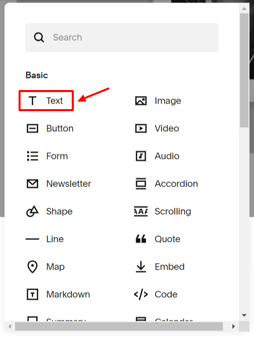 "Add Block" menu showing all available blocks with a highlighted "Text" option.