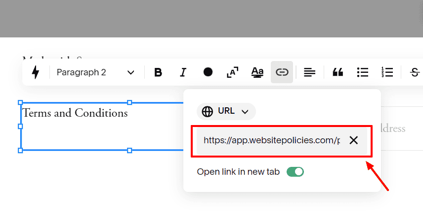 Website footer with a URL box containing the link to the policy.