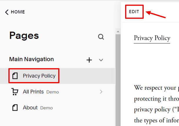 "Pages" section with a highlighted "Edit" button and a textbox named "Privacy Policy."