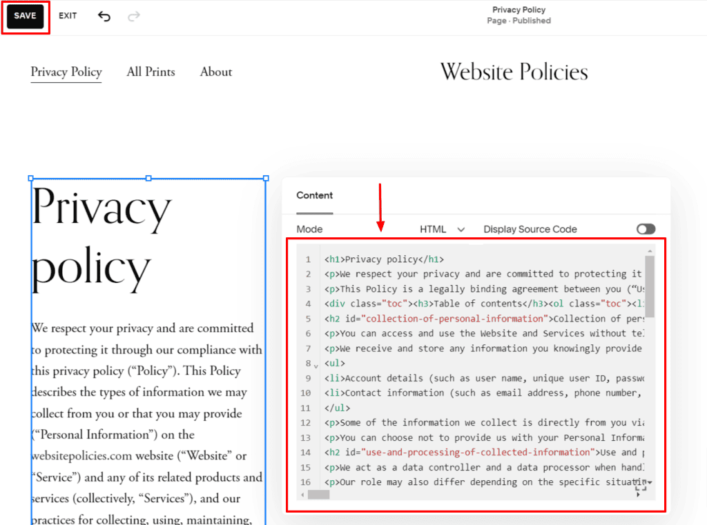 Squarespace Editor with a textbox containing the privacy policy.