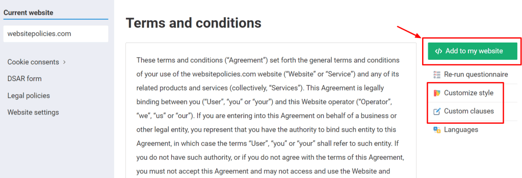 Completed terms and conditions policy with different options such as "add to my website," "re-run questionnaire", "customize style," "custom clauses," and "languages" buttons in white background.