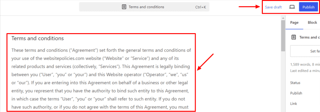 WordPress Editor with a textbox containing the terms and conditions policy.