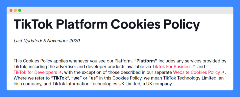 TikTok's cookie policy screenshot